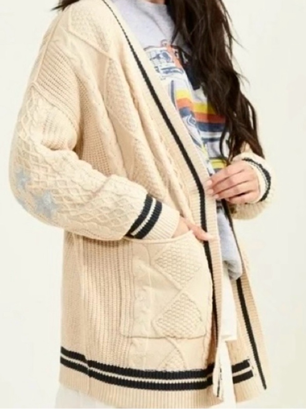 Altar’d State Oversized Cable Knit Cardigan Sweater Beige Star Patches Folklore